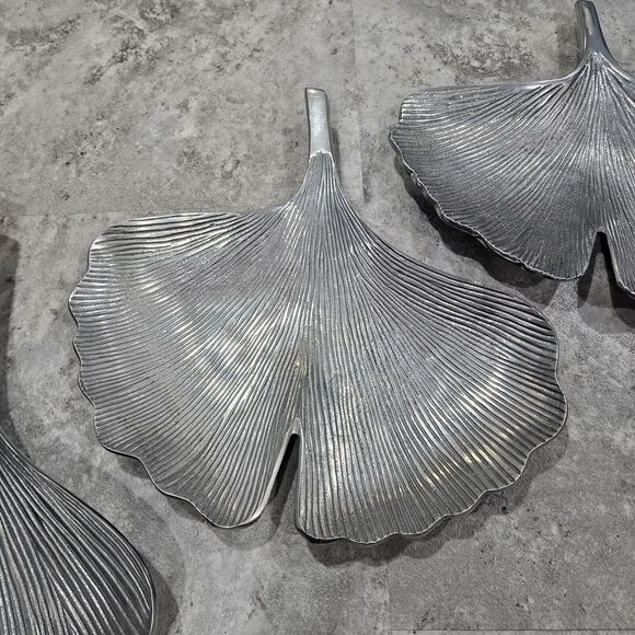 Set Of 3 Modern Style Silver Tone Aluminum Ginkgo Leaf Trinket Catchall Tray - Picture 3 of 9